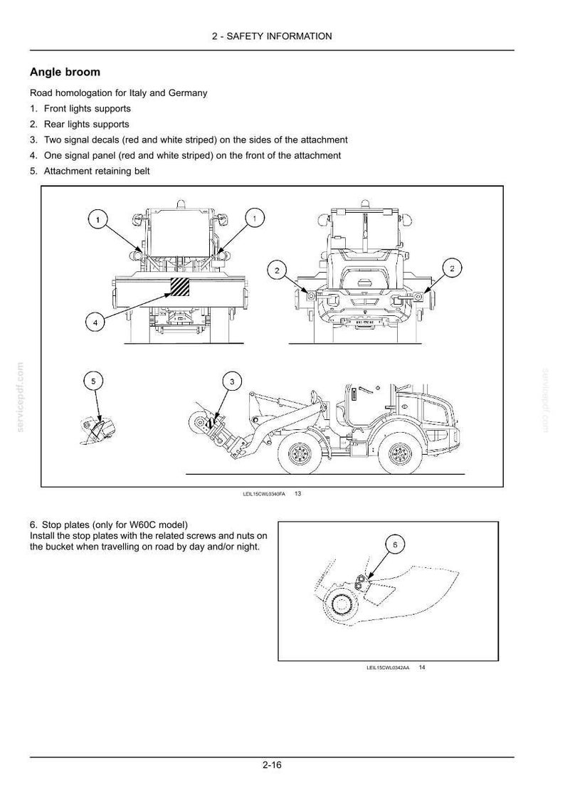 Pu&ograve; includere: Un diagramma tecnico intitolato 2-SAFETY INFORMATION che mostra una spazzatrice angolare per veicoli. Include richiami numerati per i supporti delle luci anteriori e posteriori, decalcomanie di segnalazione a strisce rosse e bianche e una cinghia.
