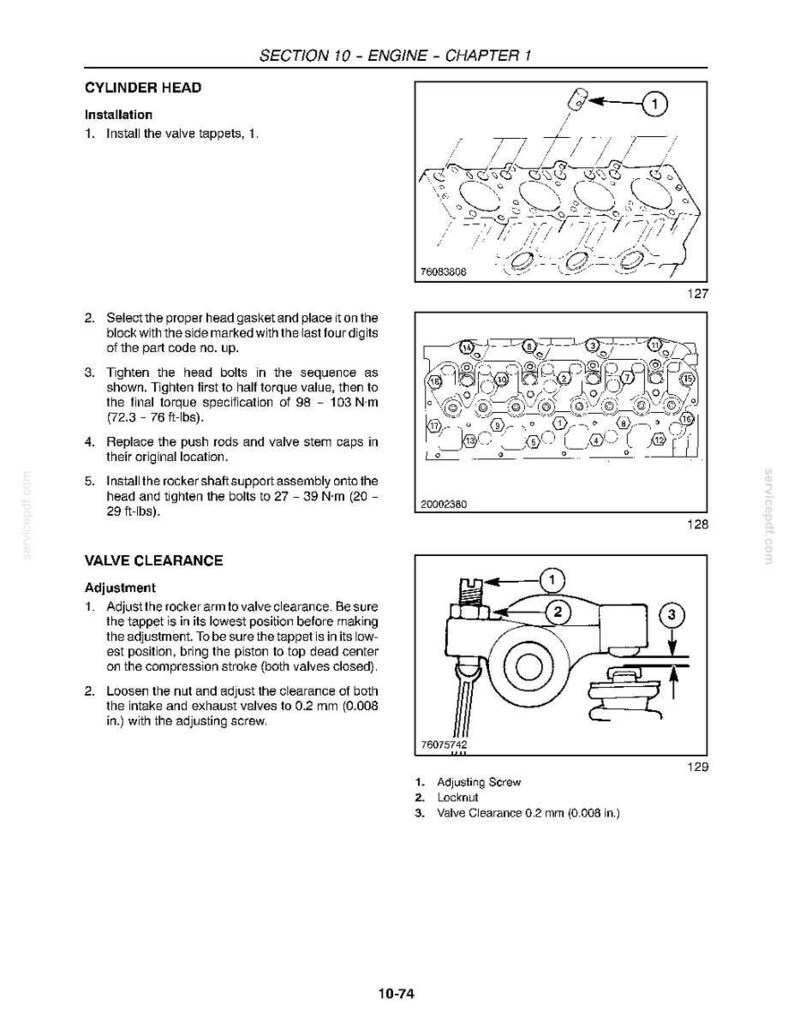 May include: Diagram from a service manual showing engine cylinder head installation and valve clearance adjustment. Includes illustrations of cylinder head components, torque specifications, and adjustment procedures. Text includes "CYLINDER HEAD" and "VALVE CLEARANCE".