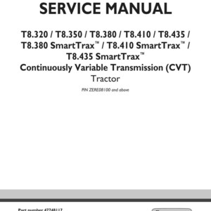 May include: A white service manual with black text. The title "SERVICE MANUAL" is at the top. Below, model numbers and "Continuously Variable Transmission (CVT) Tractor" are listed. The New Holland Agriculture logo is at the bottom.
