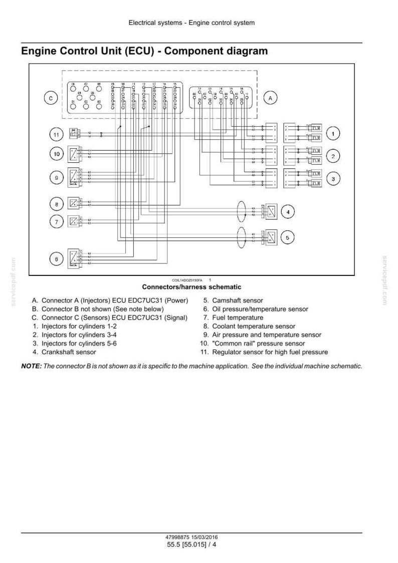 May include: Diagram of an Engine Control Unit (ECU) with connectors and sensors. The schematic shows wiring and component connections, including injectors, sensors, and a regulator. Text labels identify each component.