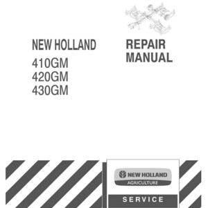 Puede incluir: Una portada de manual de reparaci&oacute;n New Holland blanca con texto negro que dice New Holland 410GM 420GM 430GM Repair Manual. Incluye un dibujo t&eacute;cnico de maquinaria, el logotipo de New Holland Agriculture Service y el c&oacute;digo 87757970 6/08 1st Printing.
