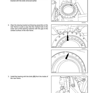 May include: Diagram illustrating the installation of an articulation slew bearing, also known as a rotator bearing. The image shows detailed steps, including aligning the bracket and bearing assembly, and installing the bearing with bolts. The diagram is in black and white.