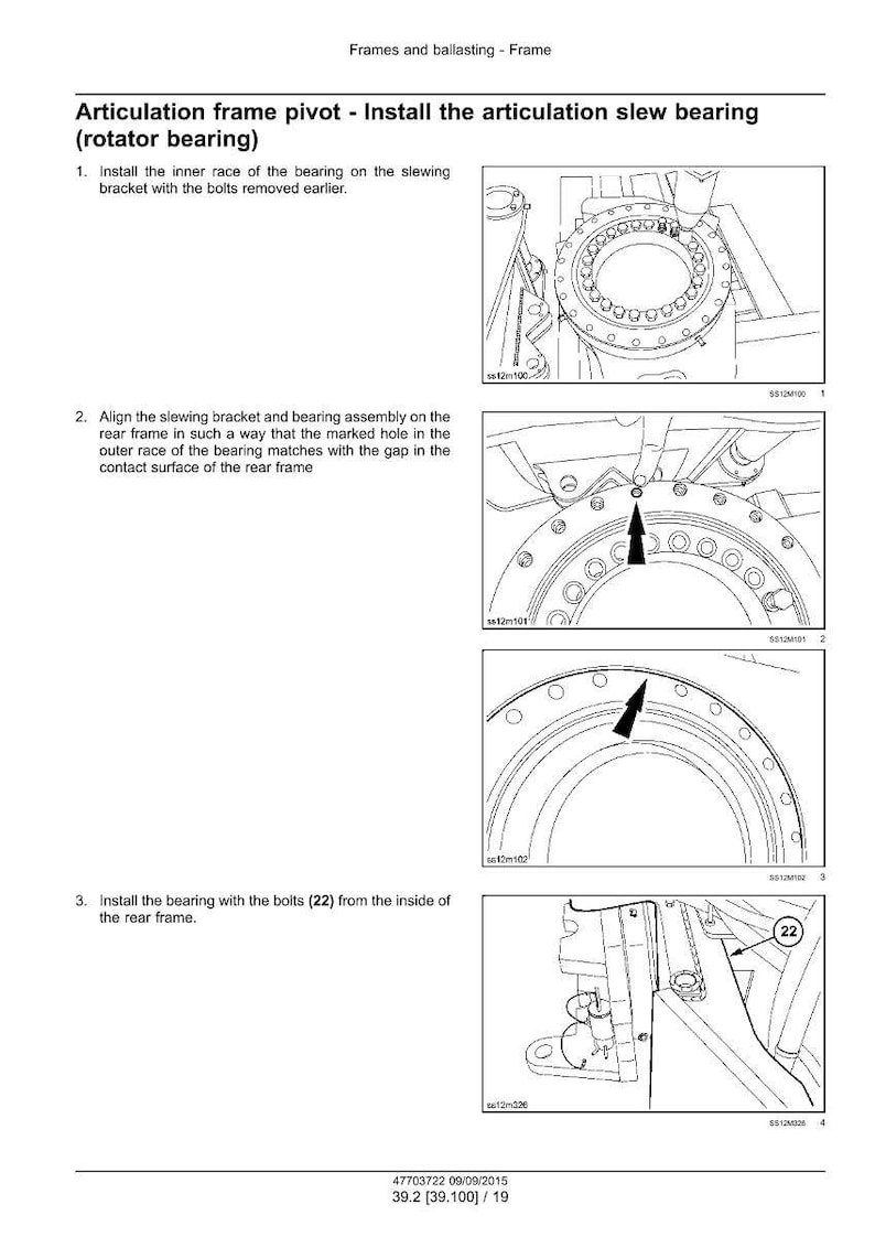 May include: Diagram illustrating the installation of an articulation slew bearing, also known as a rotator bearing. The image shows detailed steps, including aligning the bracket and bearing assembly, and installing the bearing with bolts. The diagram is in black and white.