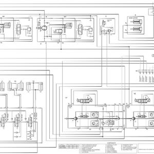 May include: A detailed black and white schematic diagram of a hydraulic system for a rail crawler. The diagram includes various components, lines, and labels, providing a technical illustration of the system's design and functionality.