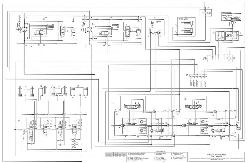 May include: A detailed black and white schematic diagram of a hydraulic system for a rail crawler. The diagram includes various components, lines, and labels, providing a technical illustration of the system's design and functionality.