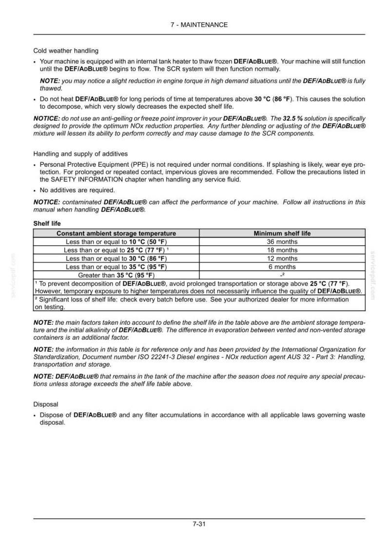 May include: A technical document page titled 7-MAINTENANCE detailing cold weather handling, additive usage, and shelf life for DEF/AdBlue fluid. It includes a table listing constant ambient storage temperatures and corresponding minimum shelf life in months.