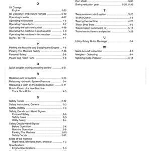 May include: A page from a manual with the title "CHAPTER 9 - INDEX" at the top. The page contains a list of topics with page numbers, including "Operating Instructions" and "Safety Decals".
