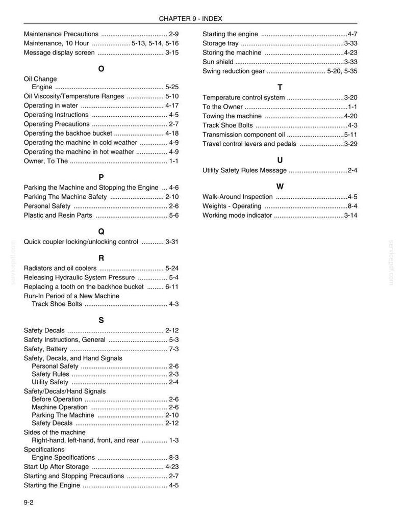 May include: A page from a manual with the title "CHAPTER 9 - INDEX" at the top. The page contains a list of topics with page numbers, including "Operating Instructions" and "Safety Decals".