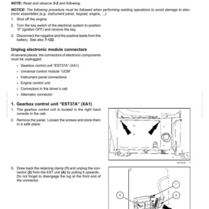 Puede incluir: Una p&aacute;gina de un manual de mantenimiento que detalla los procedimientos para proteger los m&oacute;dulos electr&oacute;nicos durante las operaciones de soldadura. Incluye diagramas que muestran las ubicaciones de los conectores y los pasos de extracci&oacute;n.