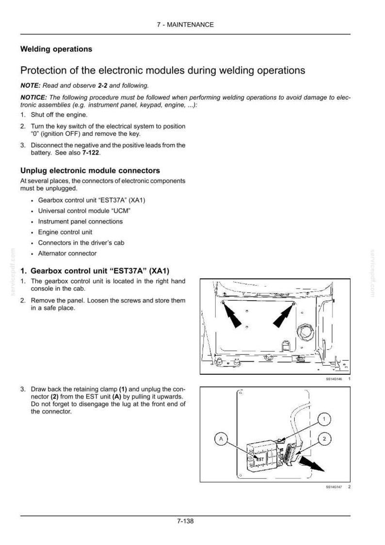 Puede incluir: Una p&aacute;gina de un manual de mantenimiento que detalla los procedimientos para proteger los m&oacute;dulos electr&oacute;nicos durante las operaciones de soldadura. Incluye diagramas que muestran las ubicaciones de los conectores y los pasos de extracci&oacute;n.