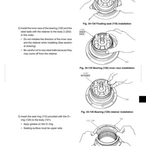 May include: A technical manual page titled 34. TRAVEL SYSTEM showing four black and white line drawings labeled Fig. 34-134 through Fig. 34-137. The diagrams illustrate the assembly of a reduction unit, including a floating seat, bearing inner race, retainer, and seal ring with numbered components.