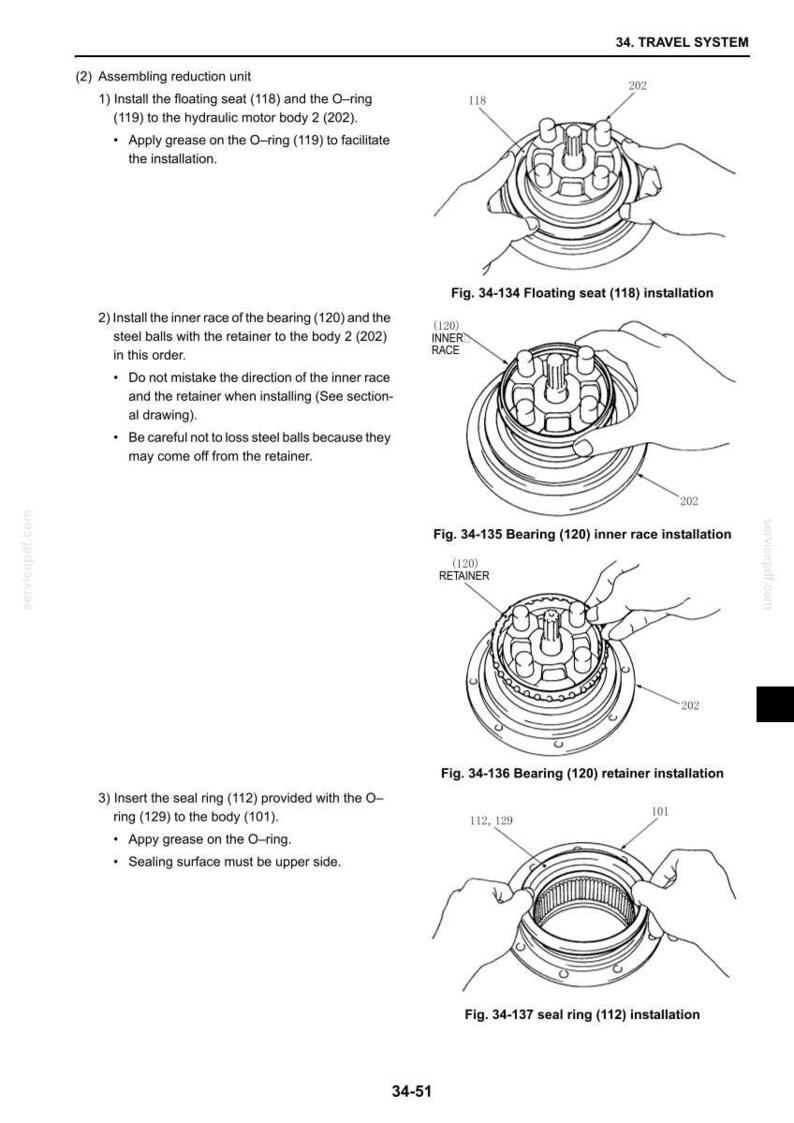 May include: A technical manual page titled 34. TRAVEL SYSTEM showing four black and white line drawings labeled Fig. 34-134 through Fig. 34-137. The diagrams illustrate the assembly of a reduction unit, including a floating seat, bearing inner race, retainer, and seal ring with numbered components.