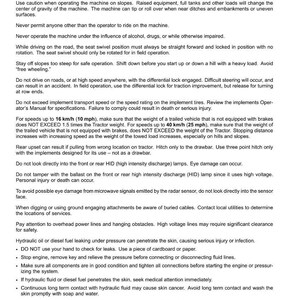 May include: A document with safety rules for machinery operation. Text includes warnings about slopes, speed limits (up to 10 mph and 25 mph), and potential hazards like high-intensity discharge lamps and buried cables. The document also provides instructions for safe operation.