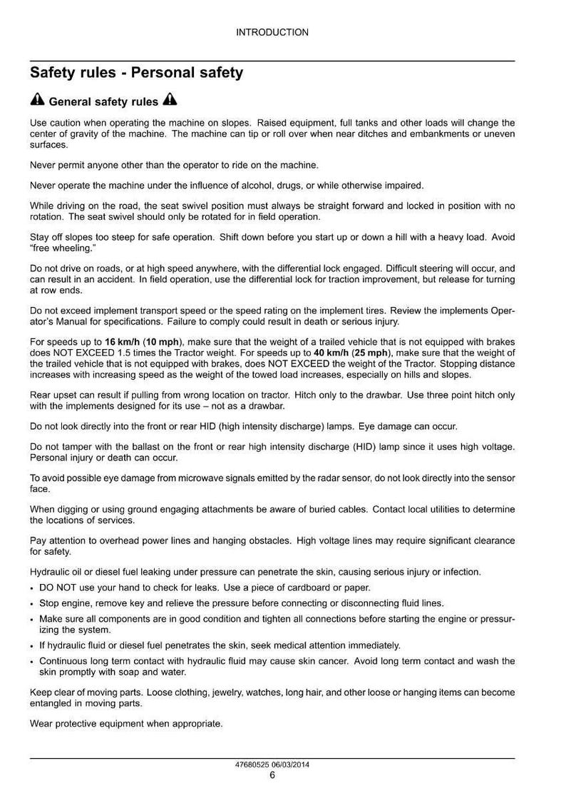 May include: A document with safety rules for machinery operation. Text includes warnings about slopes, speed limits (up to 10 mph and 25 mph), and potential hazards like high-intensity discharge lamps and buried cables. The document also provides instructions for safe operation.