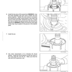 May include: Diagram of power shuttle transmission internal components, with step-by-step instructions for assembly. Includes illustrations of installing the retainer plate, special tool, pin, and thrust washer. Text includes part numbers and assembly steps.