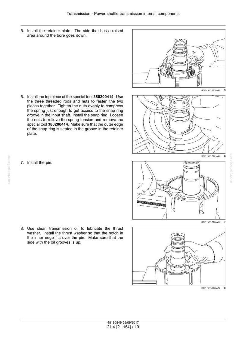 May include: Diagram of power shuttle transmission internal components, with step-by-step instructions for assembly. Includes illustrations of installing the retainer plate, special tool, pin, and thrust washer. Text includes part numbers and assembly steps.