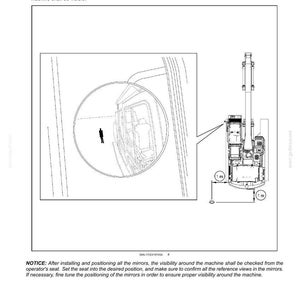 May include: Diagram showing the positioning of mirrors on a machine, with a reference body 39.4 inches behind and to the left. Text includes instructions and a notice about visibility checks.
