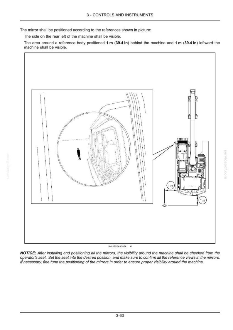 May include: Diagram showing the positioning of mirrors on a machine, with a reference body 39.4 inches behind and to the left. Text includes instructions and a notice about visibility checks.
