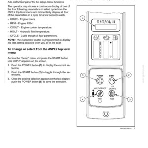 May include: Diagram of an instrument cluster display setting with labelled buttons. The display shows various engine parameters, including engine hours, RPM, coolant, and hydraulic fluid temperature. The buttons are labelled POWER, START, AUX OVERRIDE, and OPERATE.