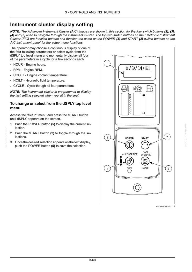 May include: Diagram of an instrument cluster display setting with labelled buttons. The display shows various engine parameters, including engine hours, RPM, coolant, and hydraulic fluid temperature. The buttons are labelled POWER, START, AUX OVERRIDE, and OPERATE.