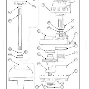 May include: An exploded diagram of a power take-off unit, labeled with numbered components. The diagram includes a clutch stop magnet, O-rings, bearings, and a reducer rear half-shell. Measurements are in inches.