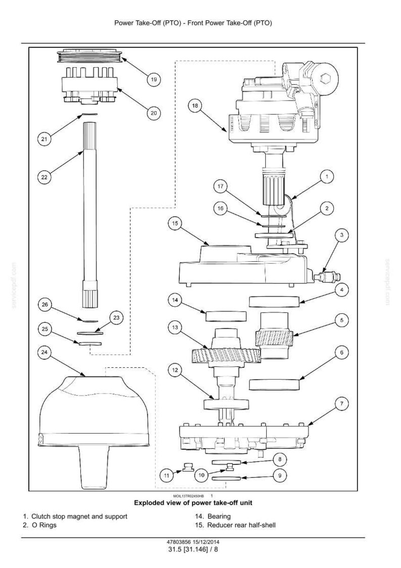 May include: An exploded diagram of a power take-off unit, labeled with numbered components. The diagram includes a clutch stop magnet, O-rings, bearings, and a reducer rear half-shell. Measurements are in inches.
