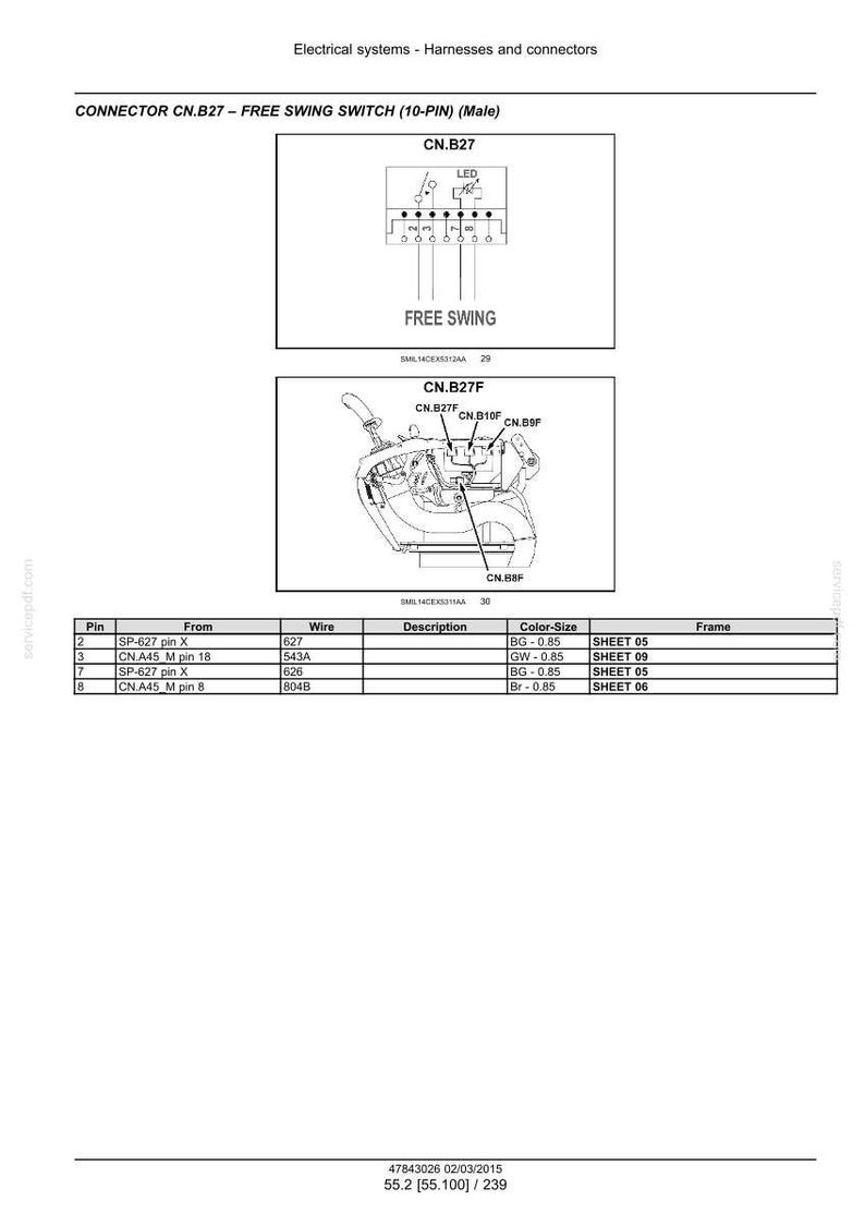 May include: Diagram of electrical connectors and wiring, including a 10-pin male connector labeled CN.B27 and a free swing switch. The image includes a table detailing pin connections, wire descriptions, and color-size information.