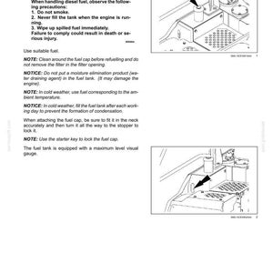 May include: Diagram of a fuel tank with safety warnings and instructions. The image includes a diagram of the fuel tank, with arrows pointing to the fuel cap and other components. Text includes safety precautions.
