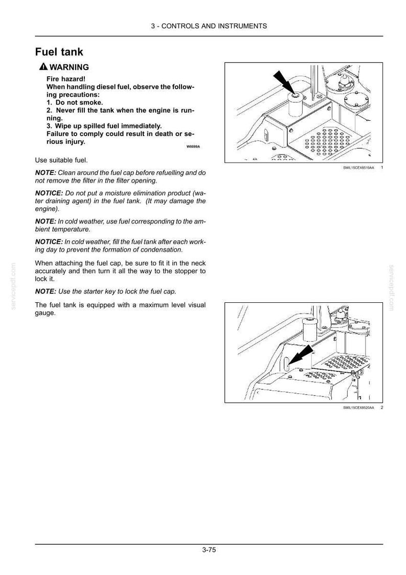 May include: Diagram of a fuel tank with safety warnings and instructions. The image includes a diagram of the fuel tank, with arrows pointing to the fuel cap and other components. Text includes safety precautions.