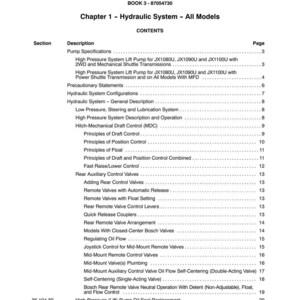 May include: A page from a manual titled "SECTION 35 - HYDRAULIC SYSTEMS." The table of contents lists topics like "Pump Specifications," "Hydraulic System Configurations," and "Remote Valves." The page number "14" is at the bottom.