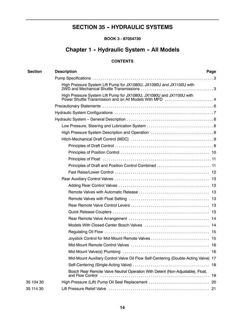 May include: A page from a manual titled "SECTION 35 - HYDRAULIC SYSTEMS." The table of contents lists topics like "Pump Specifications," "Hydraulic System Configurations," and "Remote Valves." The page number "14" is at the bottom.