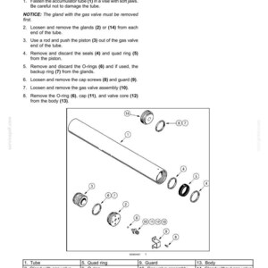 May include: Diagram of an accumulator disassembly procedure for a hydraulic system. The image includes a labeled diagram with numbered parts, such as tubes, glands, pistons, seals, and O-rings. Text instructions accompany the diagram.