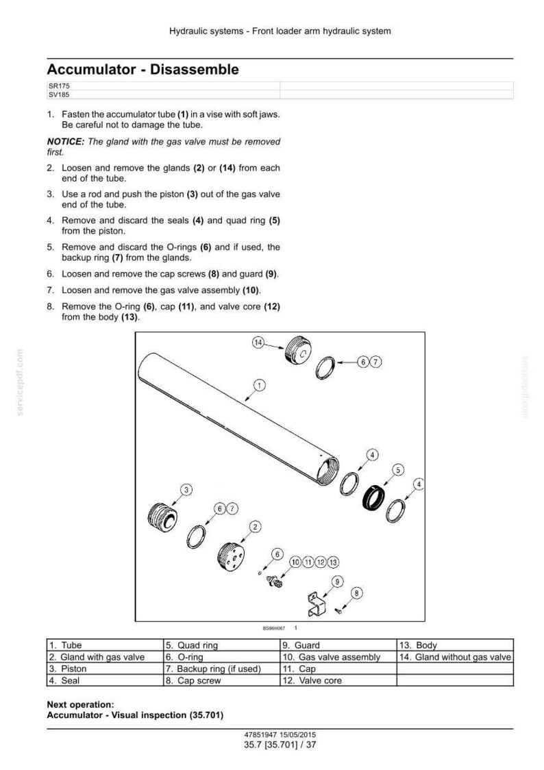 May include: Diagram of an accumulator disassembly procedure for a hydraulic system. The image includes a labeled diagram with numbered parts, such as tubes, glands, pistons, seals, and O-rings. Text instructions accompany the diagram.