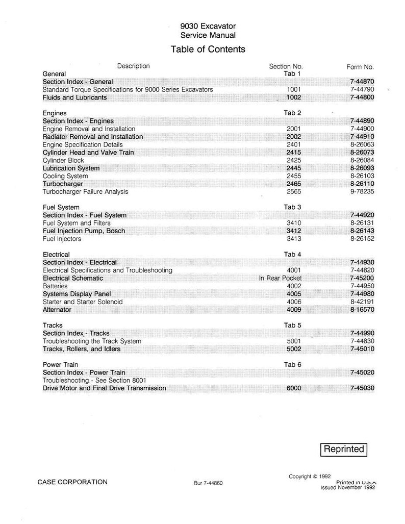 May include: A page from a 9030 Excavator Service Manual, featuring a table of contents. The document lists various sections, including engines, fuel systems, and electrical components, with corresponding section numbers and form numbers.