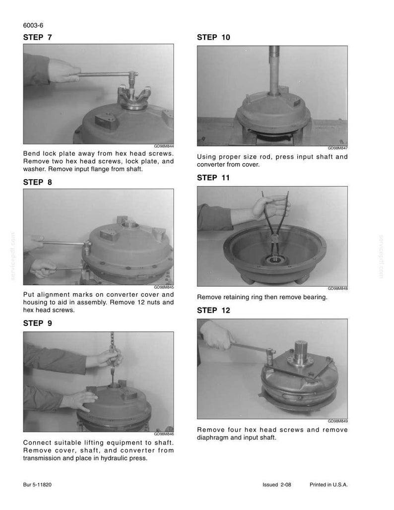 May include: A series of six black and white instructional images detailing mechanical assembly steps. The images show hands using tools on metallic components, with accompanying text describing each step. The images are from a manual.