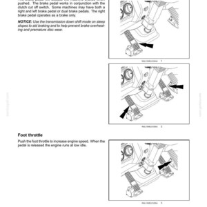 May include: Diagram of a vehicle's pedal controls, including brake pedal/clutch cut off and foot throttle. The image shows detailed illustrations of the pedals and their functions, with arrows indicating their operation. Text explains the function of each pedal.