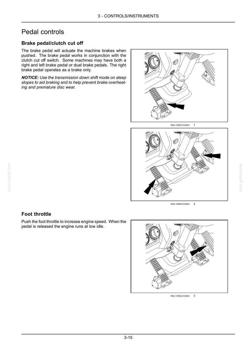 May include: Diagram of a vehicle's pedal controls, including brake pedal/clutch cut off and foot throttle. The image shows detailed illustrations of the pedals and their functions, with arrows indicating their operation. Text explains the function of each pedal.