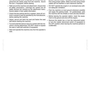 May include: A document page titled 2-SAFETY INFORMATION containing text about starting and stopping precautions for machinery. It lists instructions for operator safety, including checking parking devices, seat belts, and proper engine ventilation.