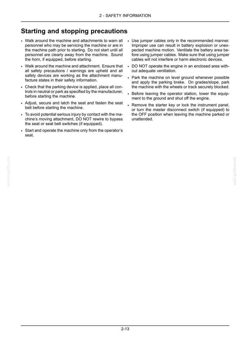 May include: A document page titled 2-SAFETY INFORMATION containing text about starting and stopping precautions for machinery. It lists instructions for operator safety, including checking parking devices, seat belts, and proper engine ventilation.