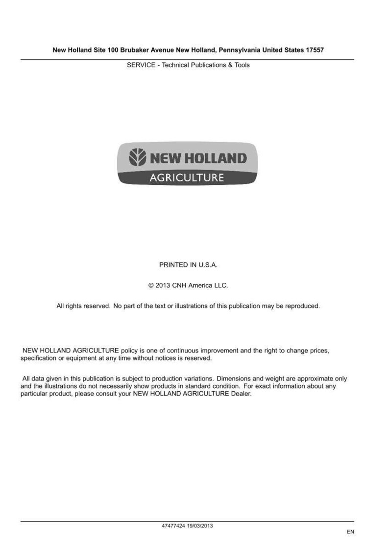 May include: A white document with the New Holland Agriculture logo, text, and copyright information. The document includes the address of the New Holland site in Pennsylvania, USA, and details about technical publications and tools.