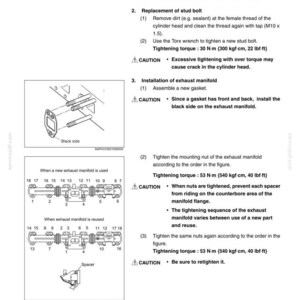 May include: A technical document page titled Exhaust Replacement, detailing procedures for removing and installing an exhaust manifold. It includes diagrams showing stud bolt placement, gasket orientation, and numbered tightening sequences.