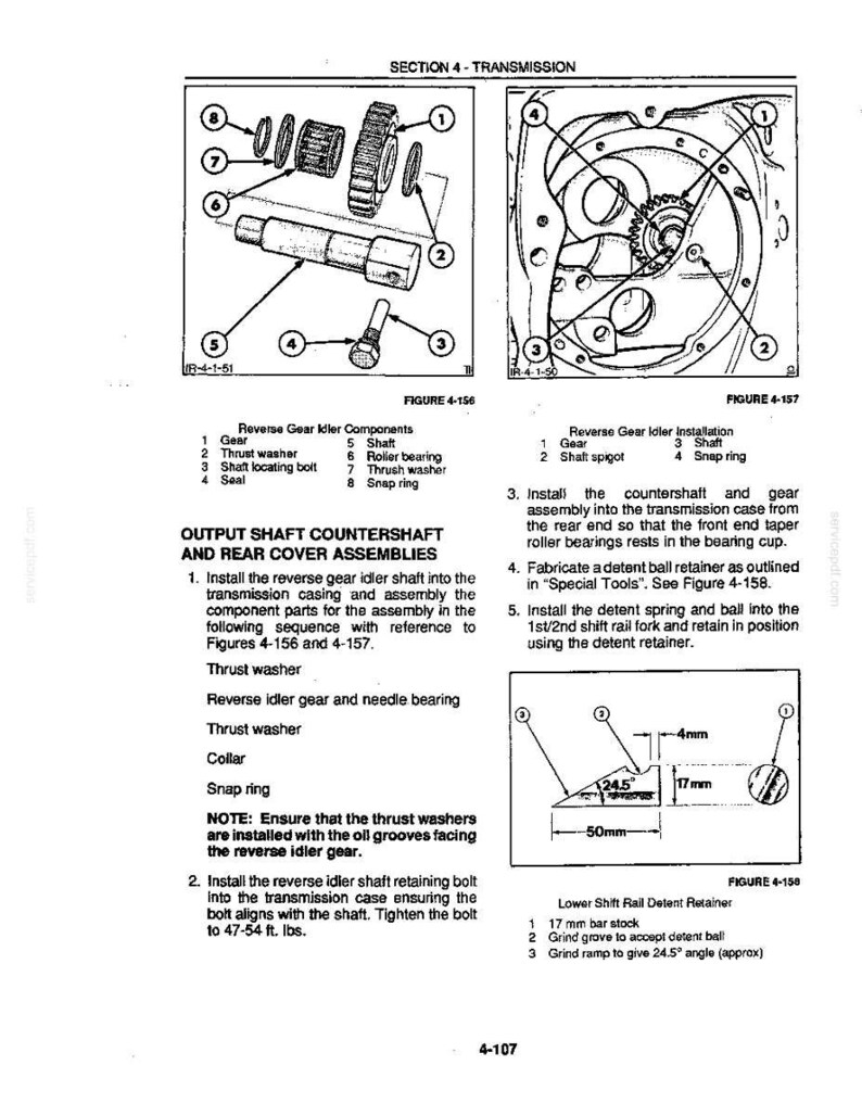 May include: Diagram of transmission components, including gears, washers, and a shaft. The image includes labeled parts and assembly instructions, with measurements in inches and foot-pounds.