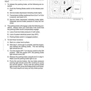 May include: A technical manual page titled 7-MAINTENANCE detailing parking brake check procedures. It includes numbered instructions, a note about testing every 250 hours, and a black and white line drawing of a switch panel with directional arrows.