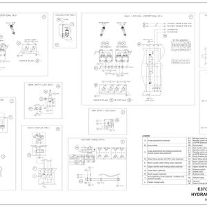 May include: A detailed engineering schematic of an E37C excavator's hydraulic system, rendered in black and white. The diagram includes various components, labels, and a legend, providing a technical overview of the machinery's internal workings.