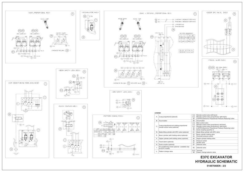 May include: A detailed engineering schematic of an E37C excavator's hydraulic system, rendered in black and white. The diagram includes various components, labels, and a legend, providing a technical overview of the machinery's internal workings.