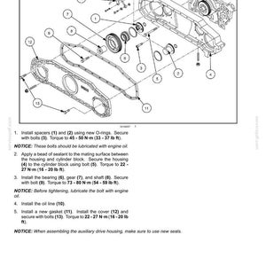 May include: An exploded diagram of an engine pump drive assembly, showing various components like gears, bearings, and housings. The diagram includes numbered parts and torque specifications in foot-pounds.