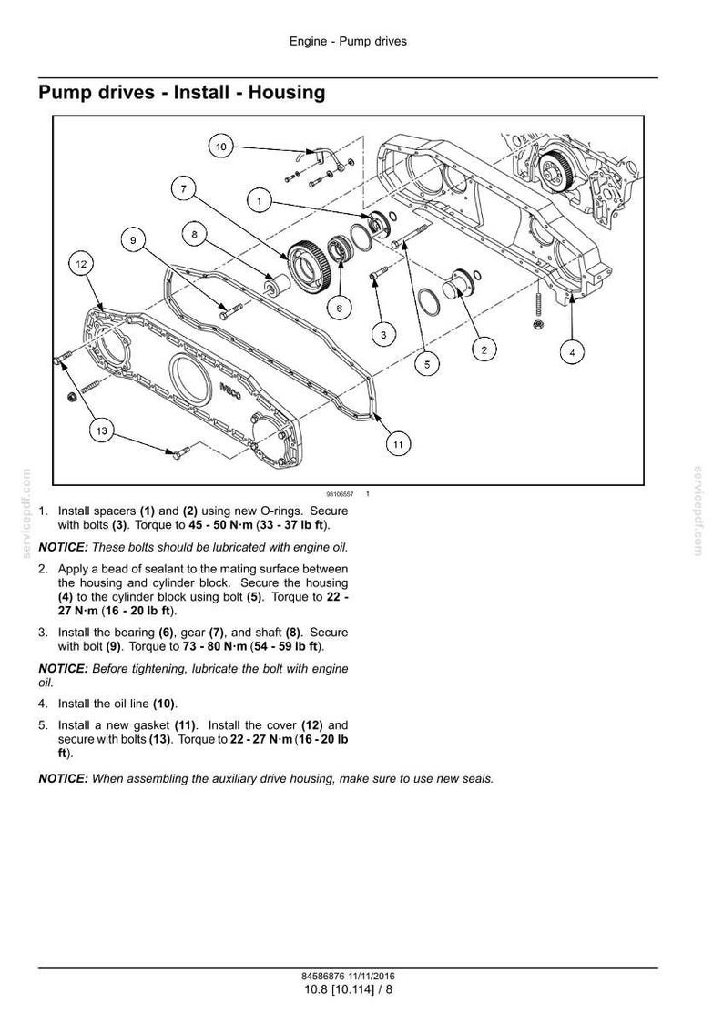 May include: An exploded diagram of an engine pump drive assembly, showing various components like gears, bearings, and housings. The diagram includes numbered parts and torque specifications in foot-pounds.