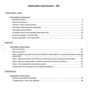 May include: A manual page titled 'Contents' detailing Hydrostatic drive and transmission information. Sections include functional data, service instructions, and diagnostic procedures. Text is black on a white background.
