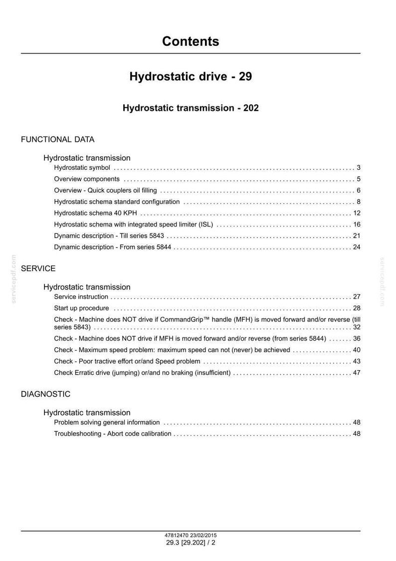 May include: A manual page titled 'Contents' detailing Hydrostatic drive and transmission information. Sections include functional data, service instructions, and diagnostic procedures. Text is black on a white background.
