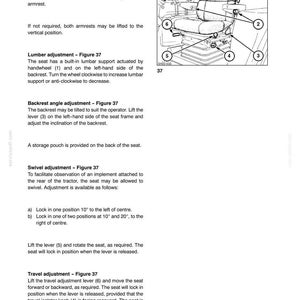 May include: A technical manual page titled CONTROLS, INSTRUMENTS AND OPERATION, SECTION 2, featuring Figure 37. The diagram shows a tractor seat with numbered adjustment points for armrest, lumbar, backrest, swivel, and travel settings with text.